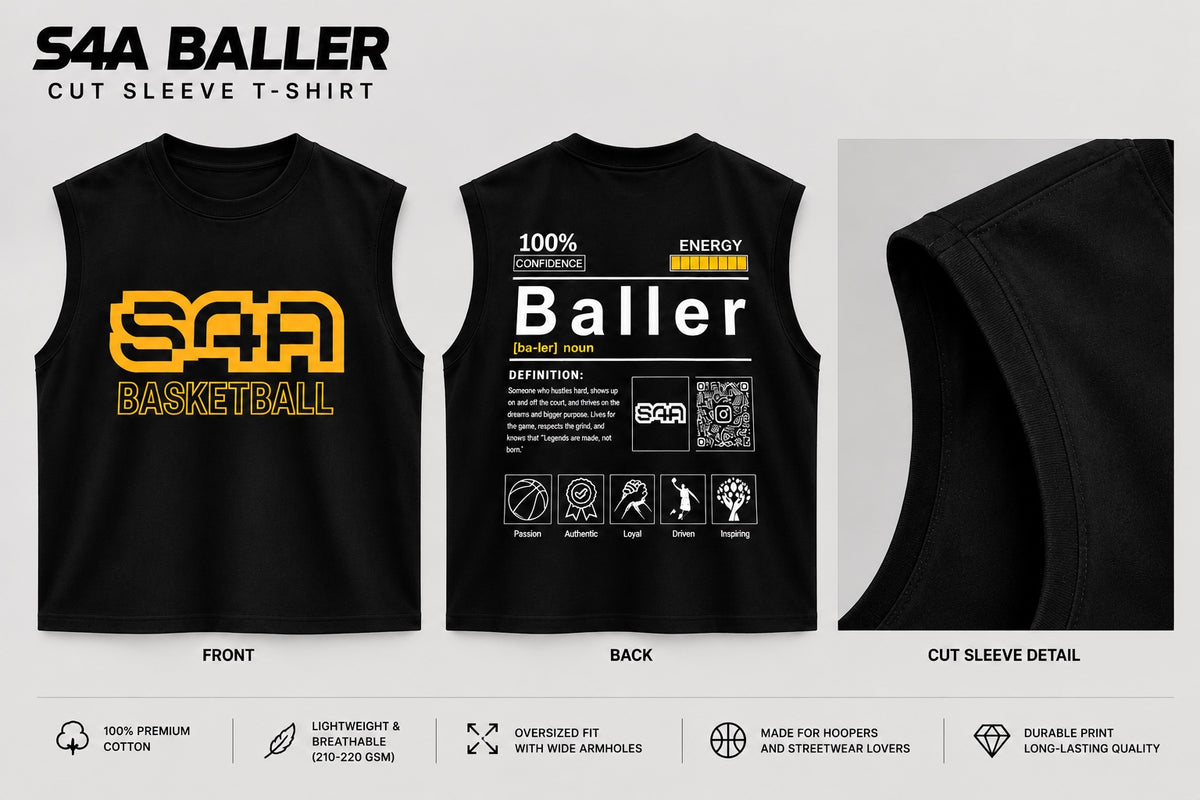 S4A Baller cut sleeve T-shirt approved three-image design presentation
