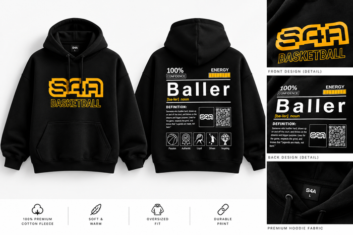 S4A Baller oversized black hoodie, gold S4A Basketball front and Baller definition back