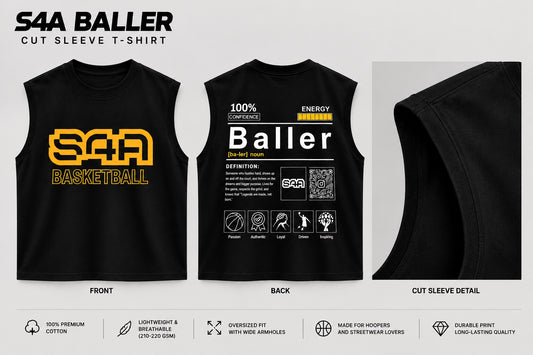 S4A Baller cut sleeve T-shirt approved three-image design presentation