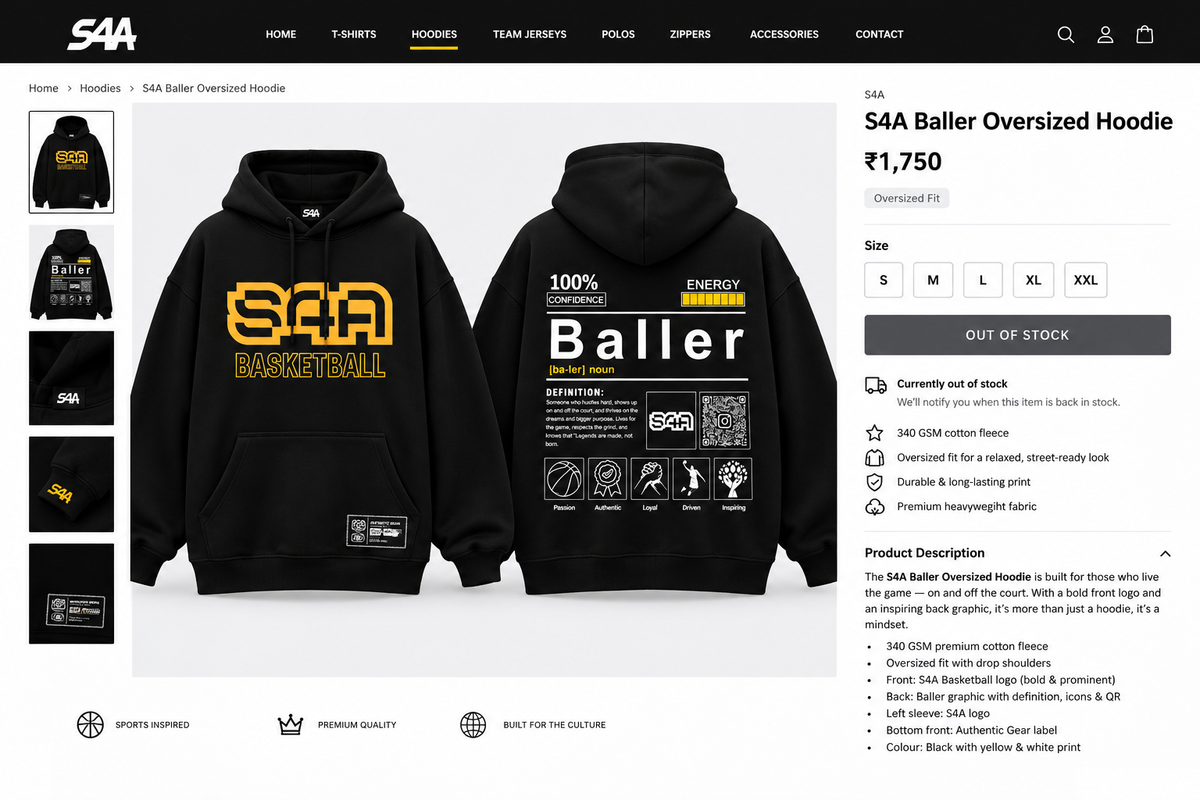 S4A Baller black oversized hoodie product mockup front and back