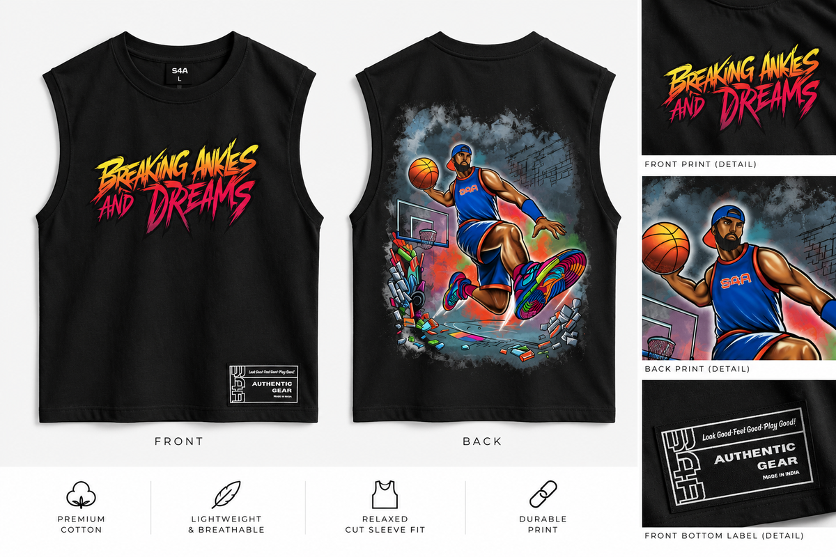 S4A Breaking Ankles and Dreams black sleeveless T-shirt mockup front and back
