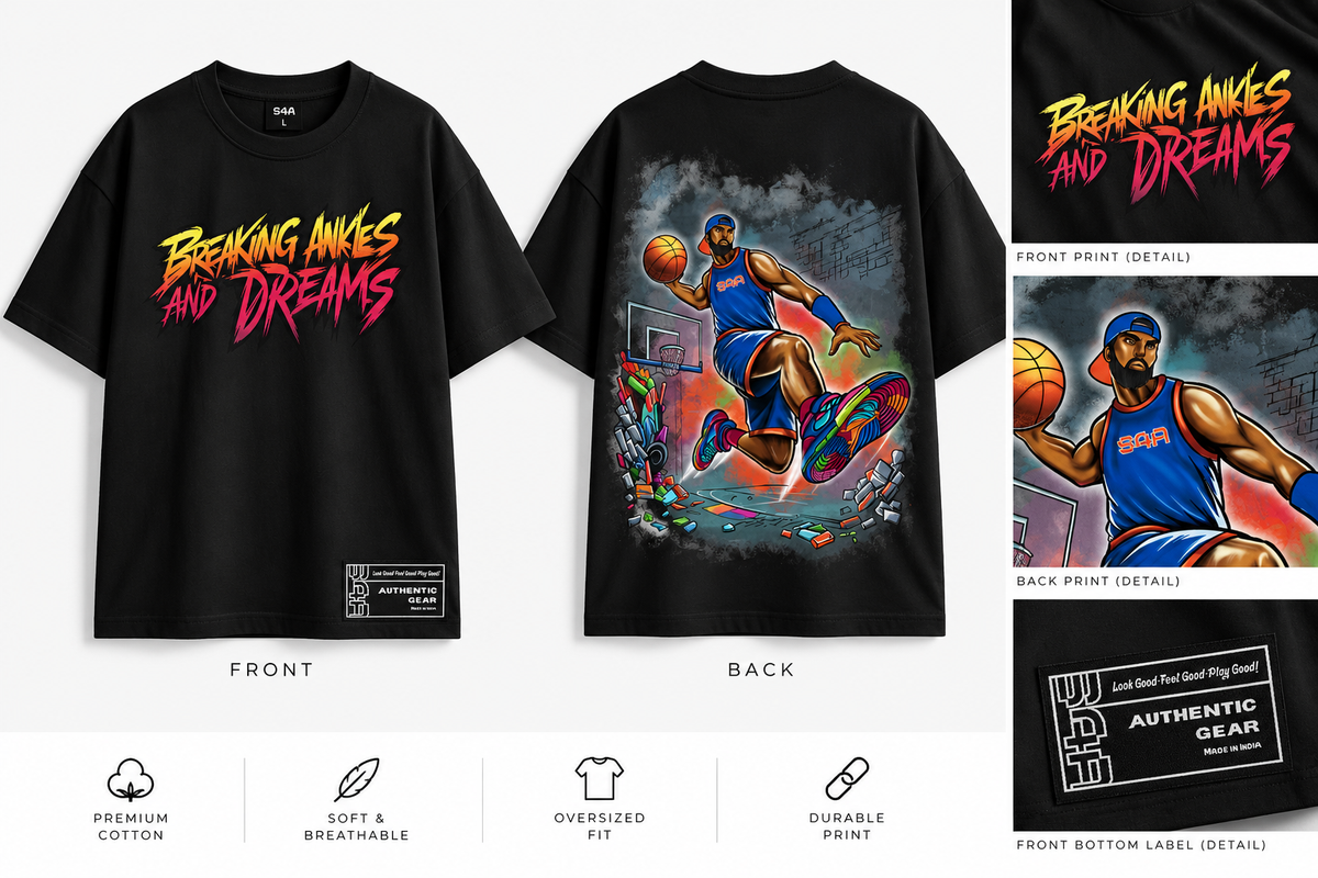 S4A Breaking Ankles and Dreams oversized black T-shirt front and back design mockup