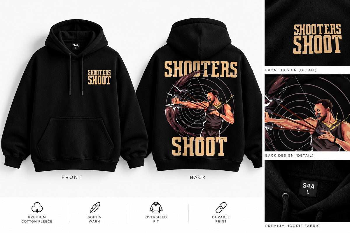 S4A Shooters Shoot black oversized hoodie front and back mockup