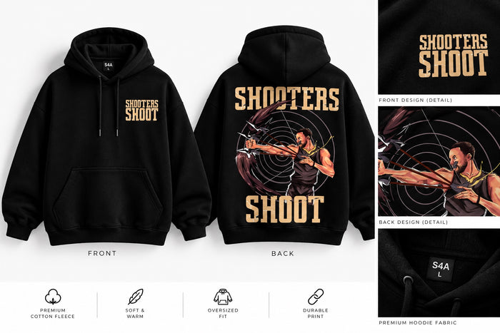 S4A Shooters Shoot black oversized hoodie front and back mockup